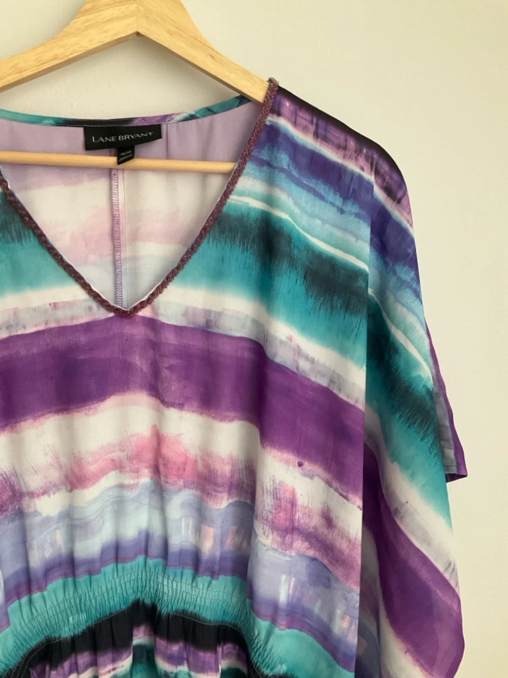 Lane Bryant 18-20 Lavender and Teal Watercolor Stripe V neck Kimono Style Tunic - Picture 6 of 10